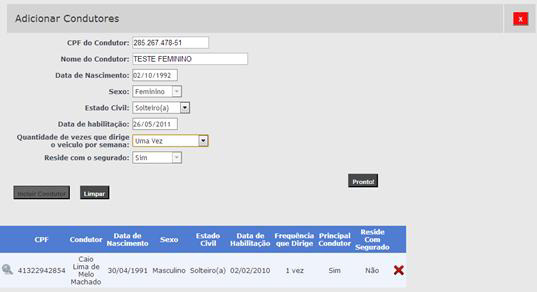 Selecionando a opção da tela acima, Adicionar condutor,serão exibidos os dados do principal condutor, também é possível adicionar outros condutores acima de 26 anos clicando em Adicionar condutor na