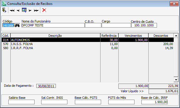 FOLHA DE PAGAMENTO (RPA)/CONSULTA DE RECIBOS Possibilita a consulta dos vencimento e descontos da folha para cada autônomo calculado.