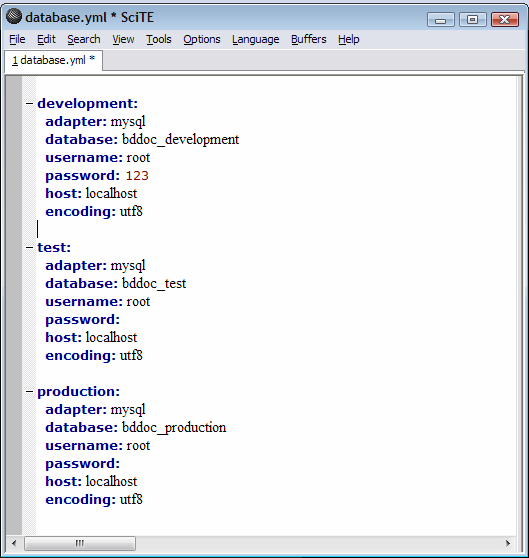 Capítulo 6 Estudo de Caso Após a geração da estrutura de pastas do BDDOC, configura-se o acesso ao banco de dados através do arquivo database.yml disponível na pasta config/ (AKITA, 2006).