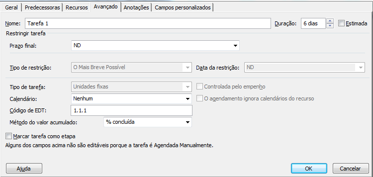 4. Na caixa de diálogo Informações da Tarefa, clique na guia Avançada e digite a duração da etapa na caixa Duração. 5. Marque a caixa de seleção Marcar tarefa como etapa e clique em OK.