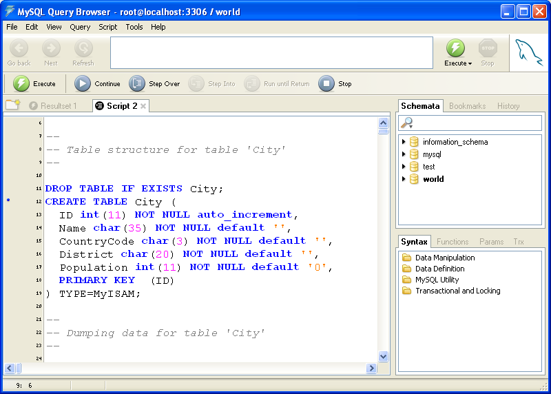 Uma Turnê pelo MySQL Query Browser O Editor de Scripts é mostrado dentro de uma Aba individual dentro da Área de Resultados.