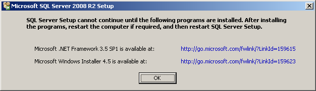 Figura 2 A mensagem acima refere-se a alguns pré-requisitos de software sem os quais o SQL Server 2008 R2 não pode ser instalado em computadores que possuem o Sistema Operacional Windows XP.