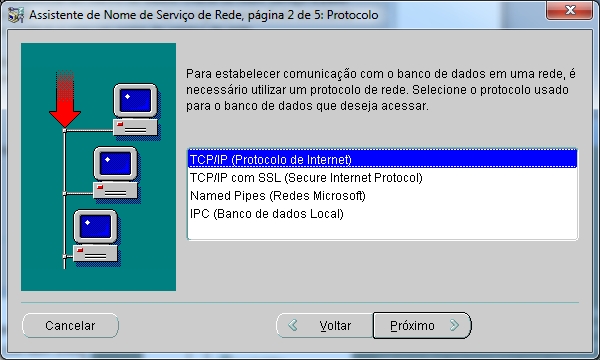 Informe um nome para o serviço de rede e clique em Próximo. Selecione o protocolo TCP/IP e clique em Próximo.