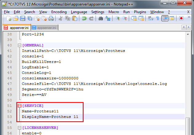 Seção de Serviço Deve possuir as propriedades: [SERVICE] Name=Protheus11 DisplayName=Protheus 11 Nota: Caso não exista no arquivo deve ser incluída.
