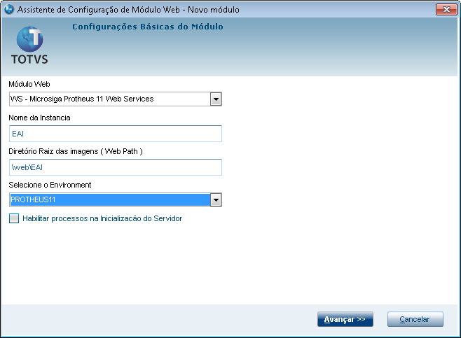 3.3 Protheus WS Protheus Abra o SmartClient com SRVWIZARD Em módulo web selecione WS Microsiga Protheus 11 Web Services Nome da instancia = EAI O diretório raiz é