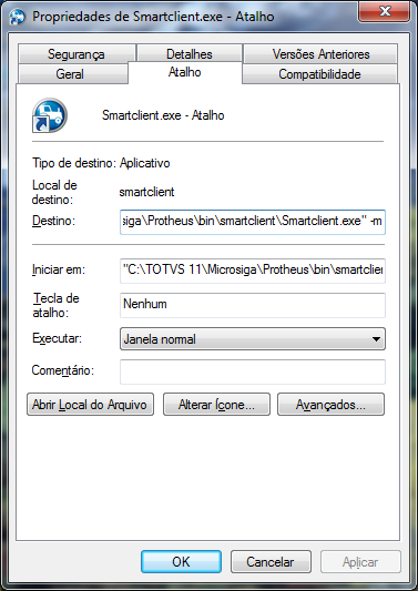 Selecione também o atalho do smartclient e abra as propriedades do mesmo.