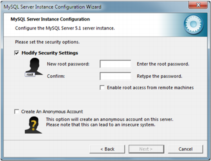 Selecione Install As Windows Service e em seguida clique em Next Selecione Modify Security Settings digite a senha na caixa de texto New root password e confirme a