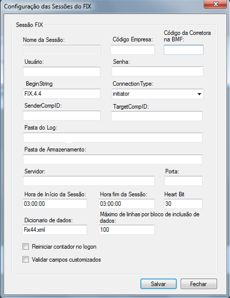 A seguir inserir os valores para a configuração da sessão.