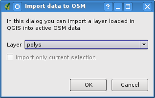 Figure 10.39.: OSM import message dialog Figure 10.40.: Import data to OSM dialog 10.15.