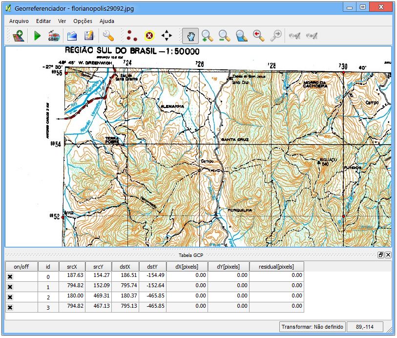 Figura 19.16: Georeferencer Plugin Dialog Entrando com pontos de controle GCPs (Ground Control Points) 1. To start georeferencing an unreferenced raster, we must load it using the button.