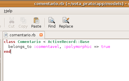 e) Volte ao Terminal para executar a migration f) Execute: rake db:migrate 2) Vamos modificar nossos modelos: a) Abra o arquivo app/models/comentario.