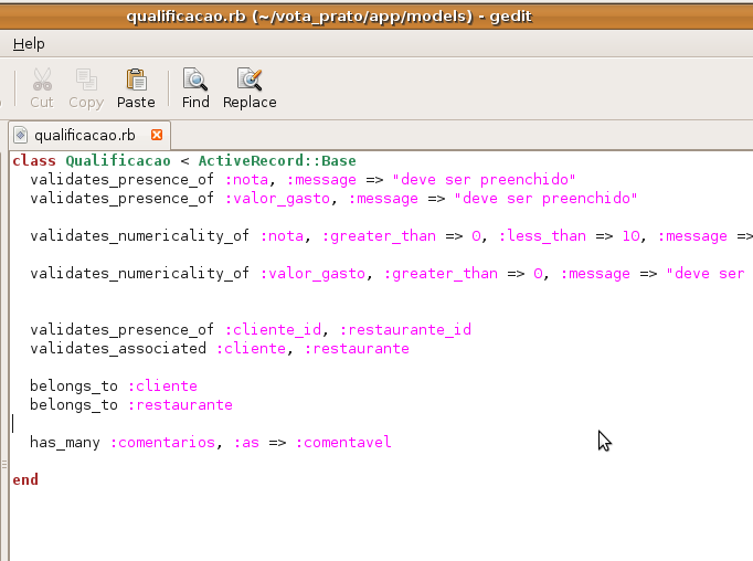 d) Adicione a seguinte linha: has_many :comentarios, :as => :comentavel e) Abra o arquivo app/models/restaurante.
