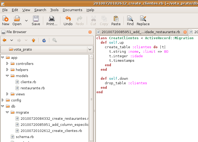 b) Abra o arquivo db/migrate/<timestamp>_create_clientes.rb c) Adicione as linhas: create_table :clientes do t t.string :nome, :limit => 80 t.integer :idade t.