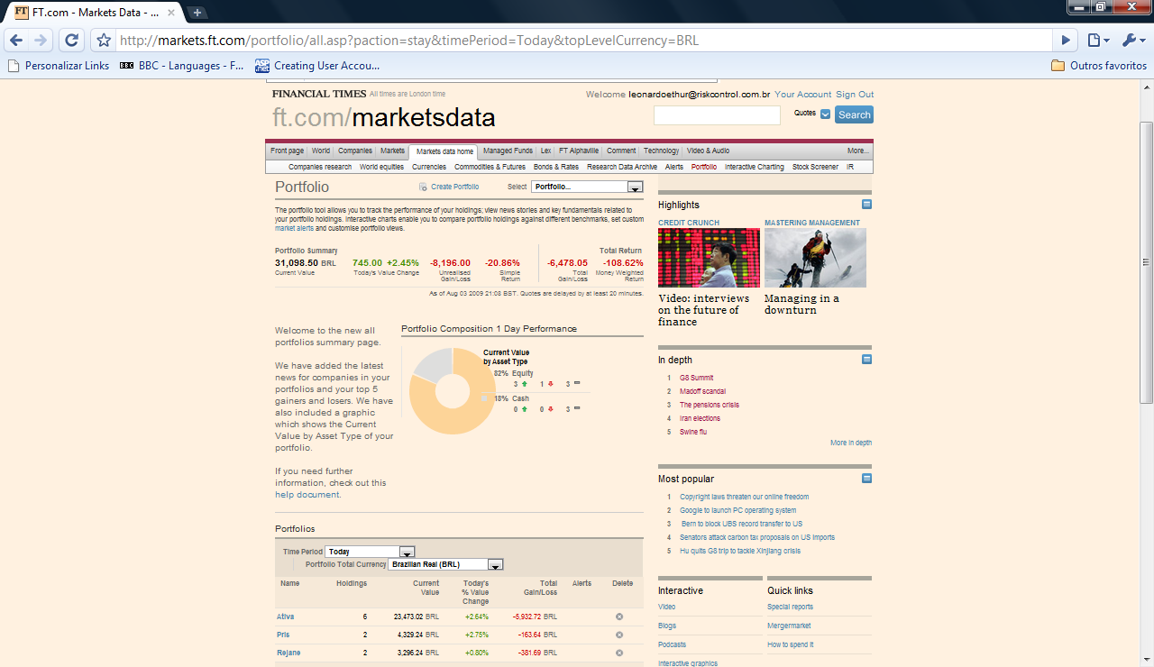 Figura 3 - Exemplo da área do site do jornal Financial Times 3 para gestão de carteiras II.