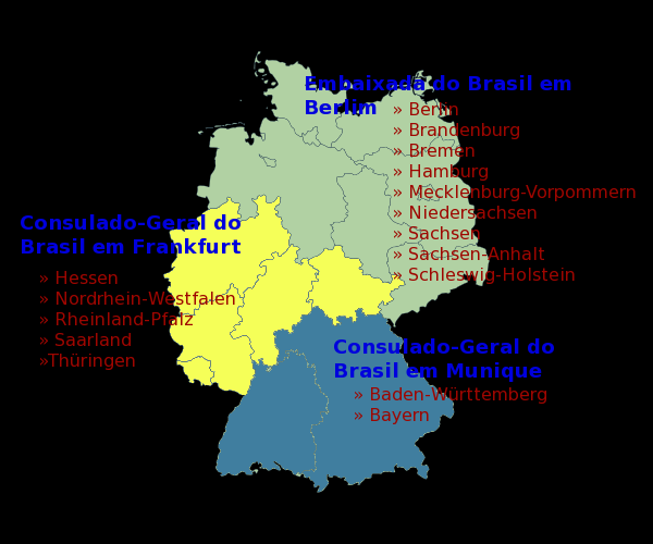 J u r i s d i ç ã o Cada repartição atende a uma determinada área do território da República Federal da Alemanha, o que para efeitos administrativos o Ministério das Relações Exteriores do Brasil