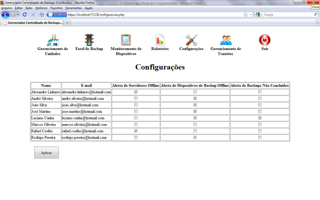 A Figura 25 exibe a tela de configurações. Autenticado com usuário no modo Administrativo, é possível fazer ou alterar as configurações de alertas (UC 01.03), para recebimento via e-mail. Figura 25. Configurações Na tela de Gerenciamento de Usuários, é permitido que usuários do grupo administrador cadastrem, editem e deletem (UC 01.