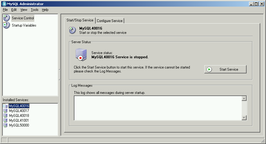 Caixa de Diálogo de Conexão Sob Installed Services a barra lateral, você pode selecionar o serviço que quer configurar, ou o servidor que quer parar ou iniciar.