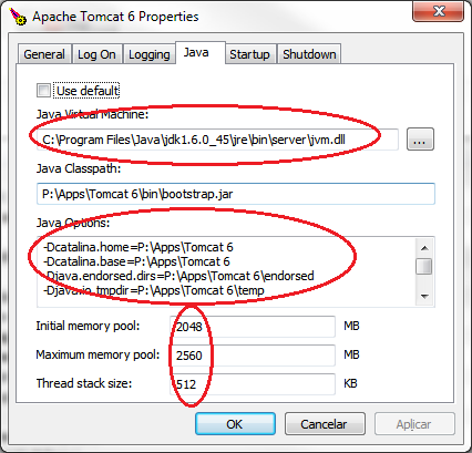 - nos campos: Initial memory pool, Maximum memry pool e Thread stack size, estão valores padrões utilizados em máquinas com 4Gb de memória.