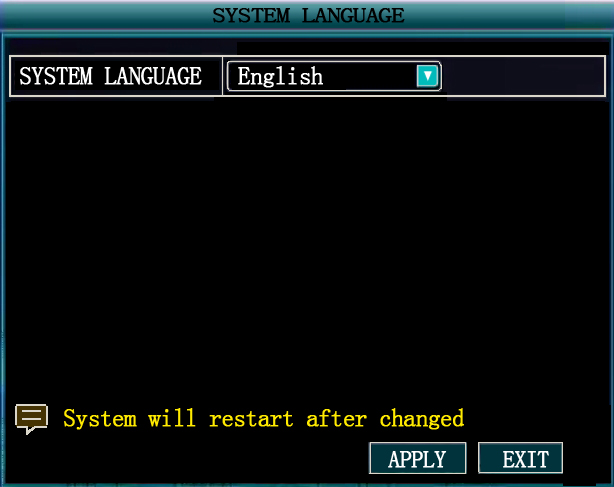 2.2.4.3 Língua Para alterar o idioma do sistema: 1) A partir do menu drop-down selecionar inglês ou chinês. 2) Clique em Aplicar. Clique em Fechar na janela de confirmação.