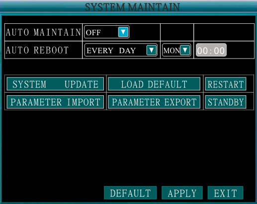 2.2.4.5 Sistema manter Use o menu do sistema de manter para atualização do firmware do sistema e definir um cronograma de redefinição automática da agenda do sistema.