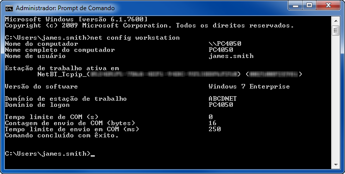 Operação Básica 2 No Prompt de Comando, insira "net config workstation" e clique em