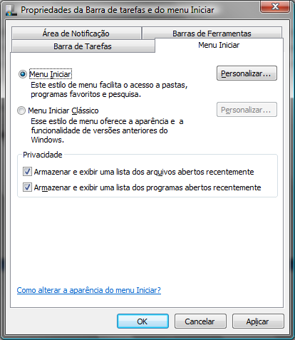 Esta guia tem duas opções: Menu iniciar: Oferece a você acesso mais rápido a e mail e Internet, seus documentos, imagens e música e aos programas usados recentemente, pois estas opções são exibidas