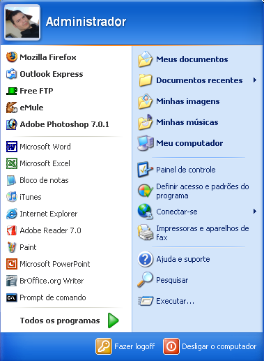 O Botão Iniciar O botão Iniciar é o principal elemento da Barra de Tarefas. Ele dá acesso ao Menu Iniciar, de onde se podem acessar outros menus que, por sua vez, acionam programas do Windows.