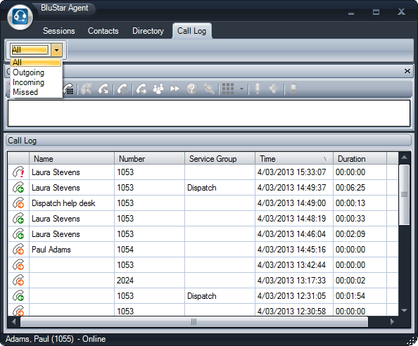 BluStar Agent Call Log All voice calls Incoming + outgoing Service + personal