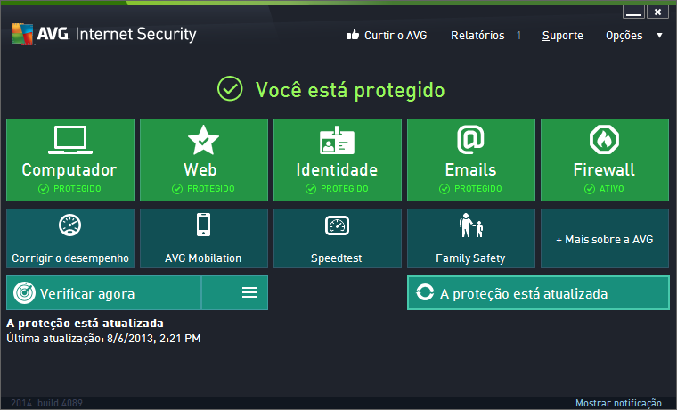 5. Interface de usuário do AVG O AVG Internet Security 2014 é aberto com a janela principal: A janela principal é dividida em várias seções: A Linha superior de navegação é composta por quatro links