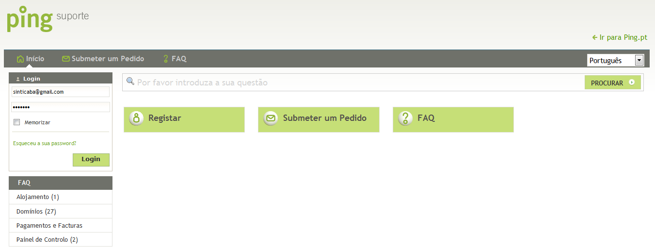 SUPORTE Sempre que surgir alguma dúvida ou problema com o domínio ou o serviço de alojamento, podese contactar a Ping, das seguintes formas: Por telefone através do número 226 075 61.