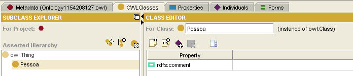 A janela é composta de cinco abas que estão descritas a seguir: OWLClasses: através desta aba é possível observar e editar as classes da ontologia e sua hierarquia; Properties: permite visualizar e