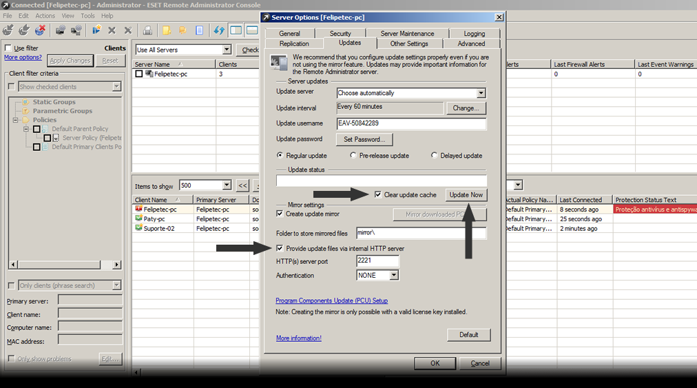 ESET REMOTE ADMINISTRATOR CONSOLE Marque as opções Create update