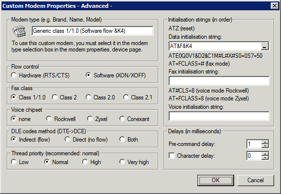 Propriedades de modem personalizadas Screenshot 50: Caixa de diálogo Custom modem properties Personalize as seguintes opções com base nas especificações do fax modem: Table 20: Opções avançadas do