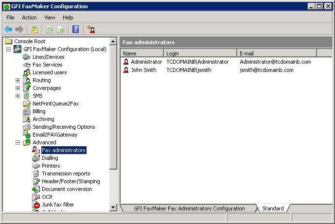 Configure os tipos de usuários com permissão para enviar/receber faxes usando o GFI FaxMaker.