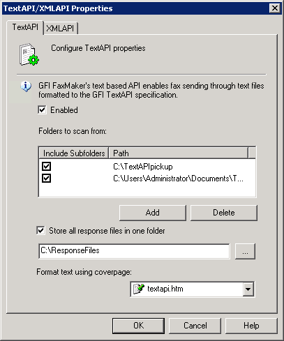 7.11.1 Habilitar TextAPI Para habilitar e configurar TextAPI: 1. A partir de GFI FaxMaker Configuration, clique com o botão direito no nó Advanced > Text-API/XMLAPI e selecione Properties.