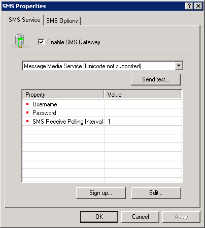 Screenshot 120: Configurar o Message Media service 3. Selecione Message Media service. 4. Selecione as seguintes opções e clique em Edit.