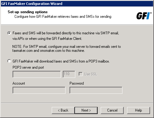 Screenshot 31: Configurar as opções de envio 3. Se o GFI FaxMaker não estiver instalado na mesma máquina que executa o Microsoft Exchange 2003 ou posterior, configure as opções do servidor de email.