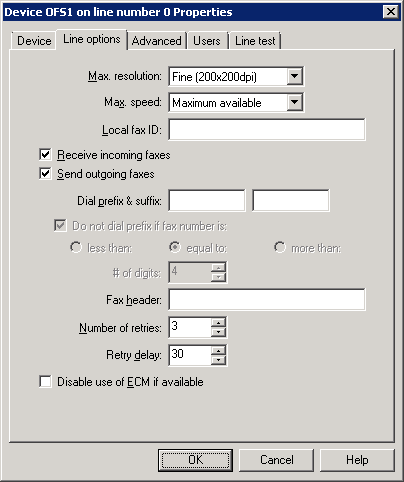 Screenshot 46: A guia Line options 5. A partir da guia Line options, configure: Table 16: Linha de fax Opções de linha Opção Configuração Max. resolution Max.