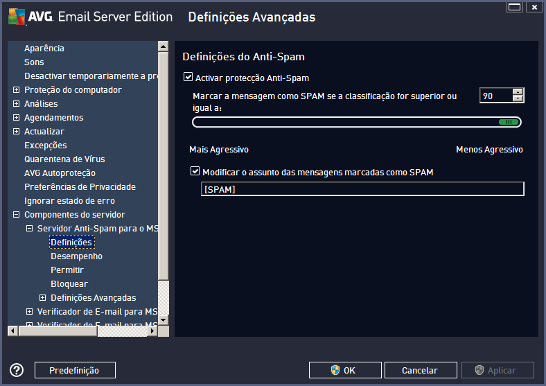 6.3. Definições Anti-Spam 6.3.1. Definições Nesta janela pode marcar a caixa Ativar proteção Anti-Spam para permitir/interditar a análise anti-spam de comunicações de e-mail.