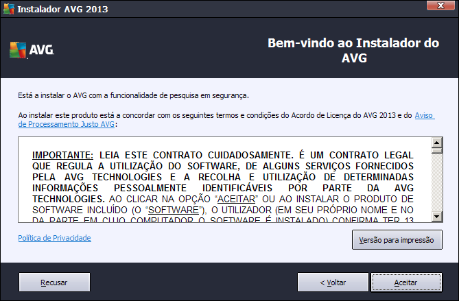 3.2. Contrato de Licença Nesta janela pode ler as condições de licenciamento. Utilize o botão Versão para impressão para abrir o texto da licença numa nova janela.