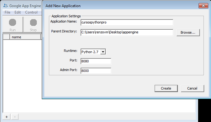 Ambiente de Desenvolvimento 9 Figura 1.08: GUI do App Engine Criado o projeto é possível iniciar o servidor local clicando no botão Run e fazer o deploy clicando no botão com esse nome.