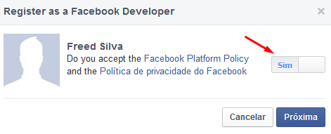 a imagem abaixo: Para prosseguir é necessário que aceite os termos do Facebook, mova o botão para Sim e depois clique em Próxima.