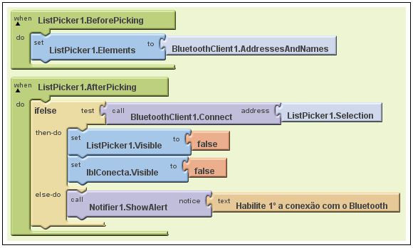 90 O componente ListPicker1.BeforePicking antes de conectar o aplicativo seleciona o evento BluetoothClient1.