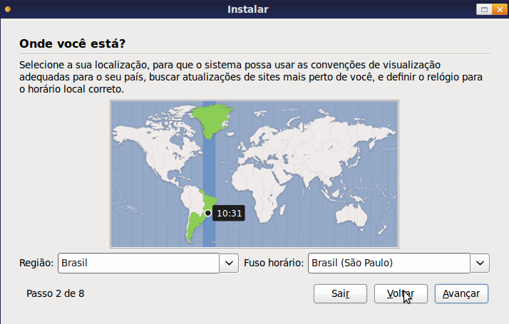 20 Figura 6 Instalação Ulteo Linux, definição da região e fuso horário. Próximo passo é a definição do layout de teclado, manter opção sugerida Brazil.