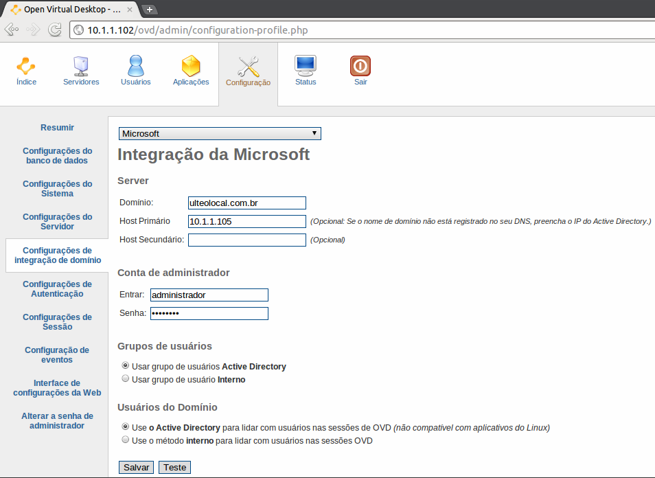 configuração de integração de domínio, as demias informações do Windows Server devem ser inseridas seguindo exemplo da imagem a baixo. 30 Figura 24 Integração com Active Directory da Microsoft.