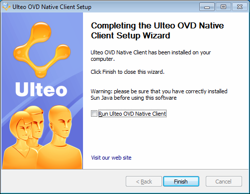 Esta próxima etapa conclue a instalação, marcar a opção Run Ulteo OVD Native Client e precionar o botão finish. Agora basta iniciar uma sessão. 34 Figura 28 Instlação cliente nativo Windows, parte 3.