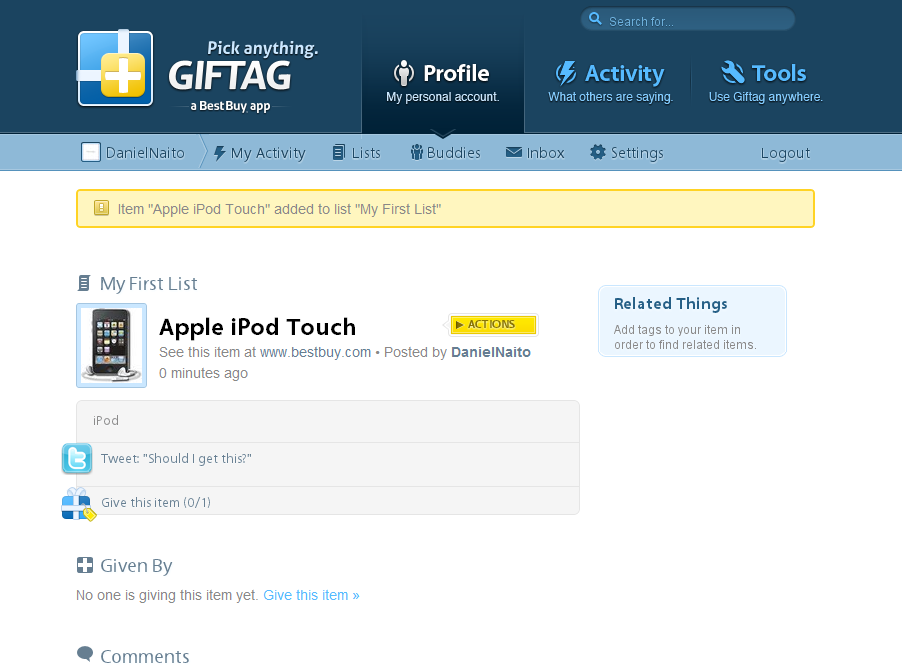 43 2.2.5.3. Best Buy Giftag Alocado nas nuvens pelo App Engine, o Giftag, desenvolvido pela Best Buy é uma rede social onde é possível criar relações com outros usuários e publicar listas de objetos