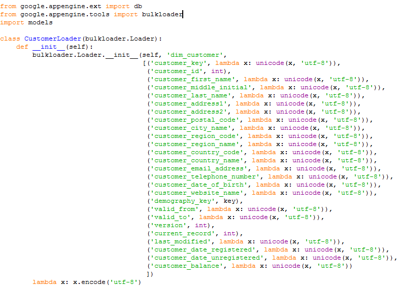 70 d) Arquivo bulkloader.py: Possui a classe carregadora que define a leitura do arquivo CSV e envia para o ambiente de armazenamento de dados do App Engine.