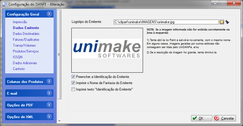 Opção Dados Emitente Logotipo do Emitente Imagem com a logomarca do emitente, que deverá ser impressa no DANFE, no quadro Identificação do Emitente.
