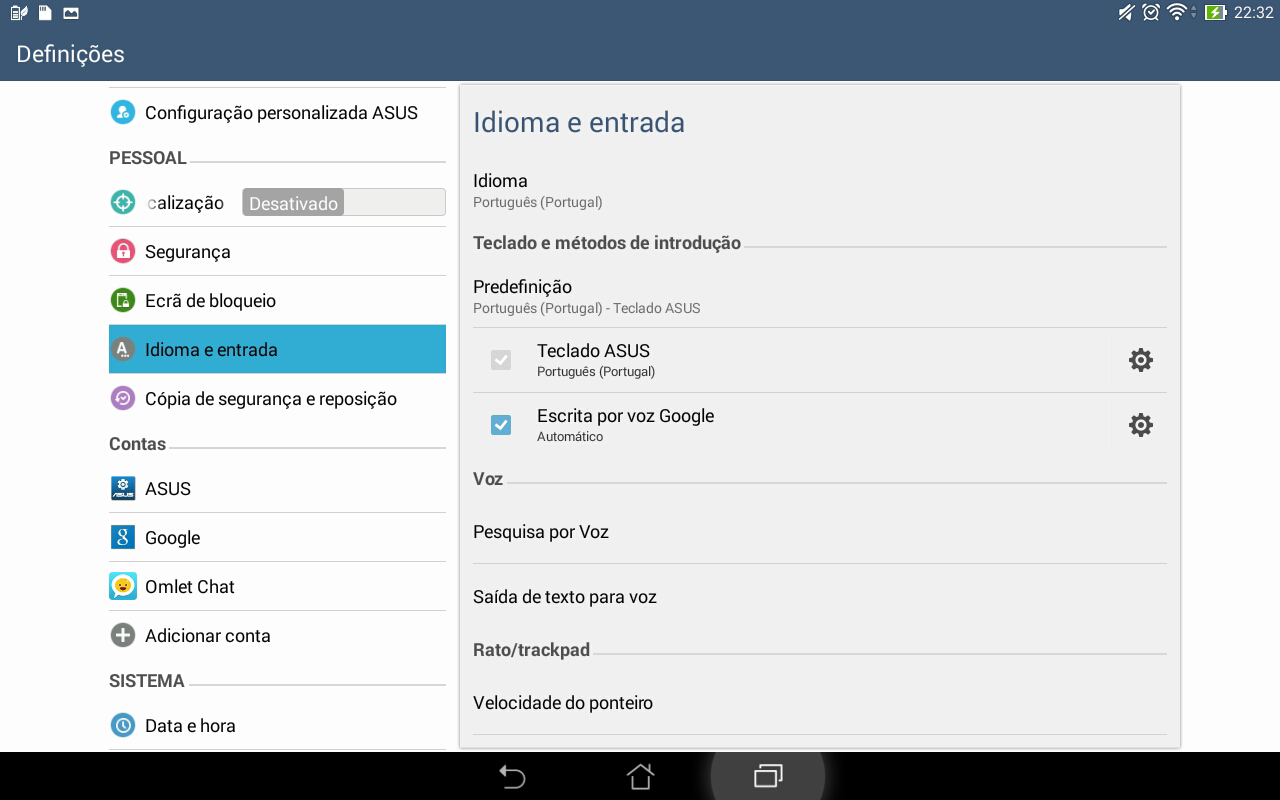 Definições do teclado ASUS Crie mensagens SMS, e-mails e introduza palavras-passe para iniciar sessão utilizando o teclado táctil do Tablet ASUS. Para aceder às definições do teclado ASUS: 1.